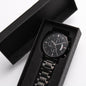 Black engraved chronograph watch with copper dial and stainless steel band