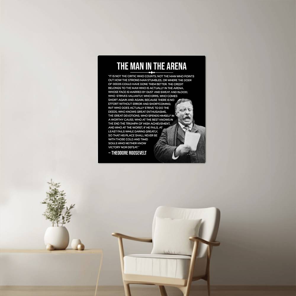 Teddy Roosevelt quote metal art displayed on a modern office wall