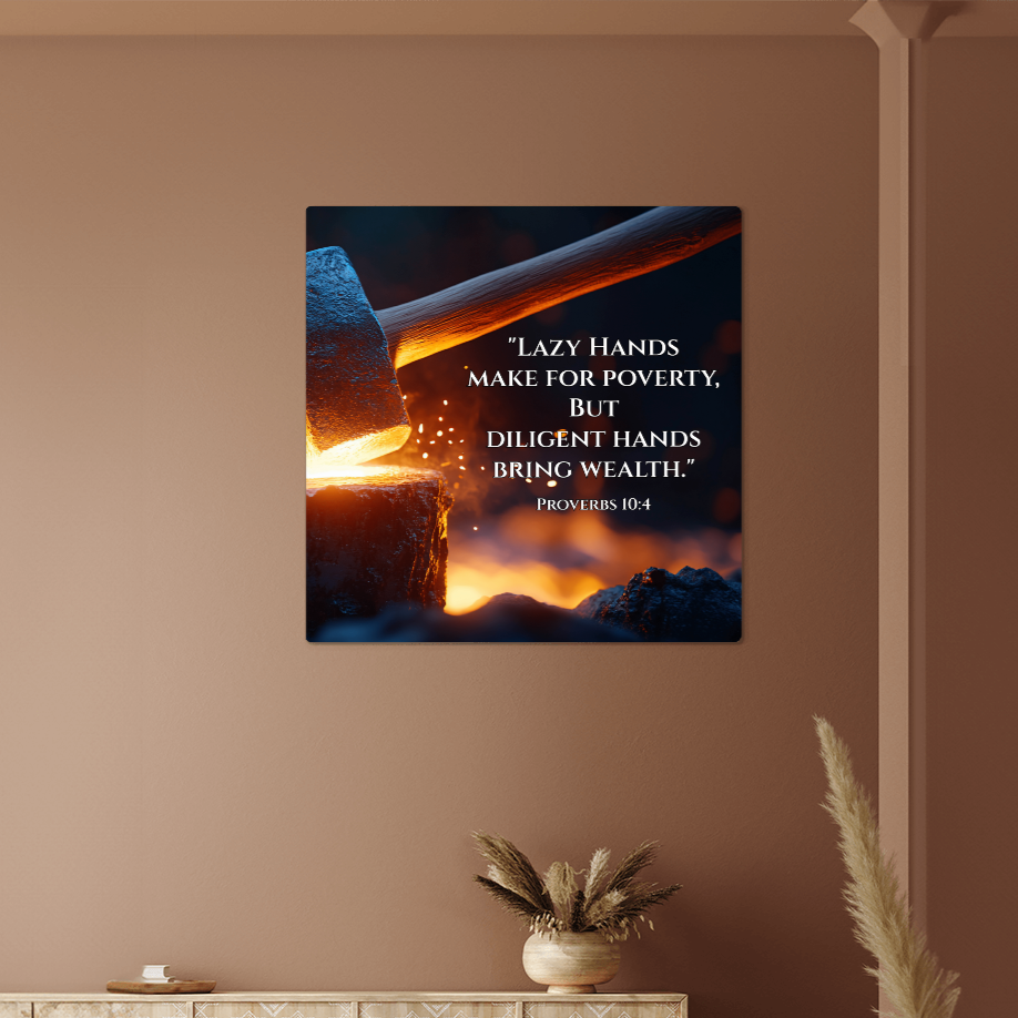Wall art with a motivational quote on a brown wall, featuring a glowing hammer andvillet.