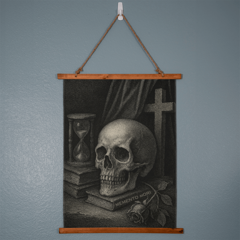 Memento Mori wall art displayed above a console table, blending into dark vintage decor setting.