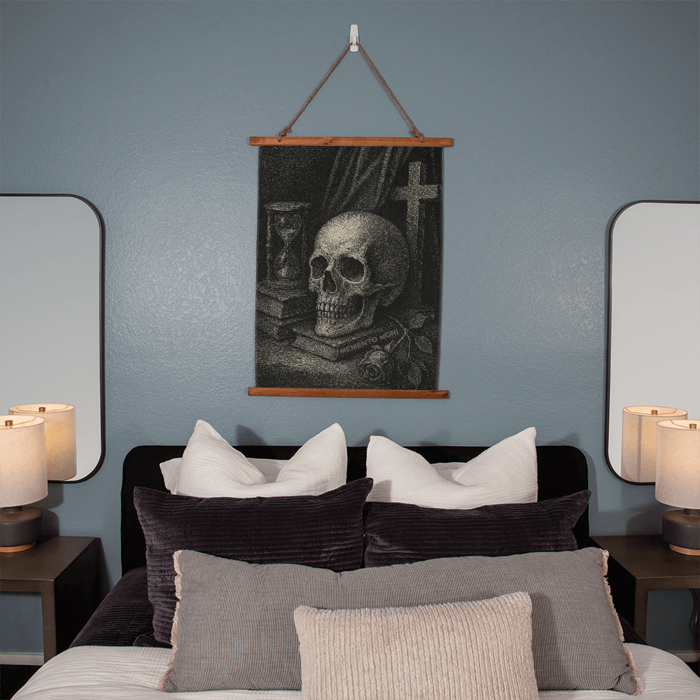 Intricate black and white illustration with gothic Doré-inspired lines depicting mortality theme.