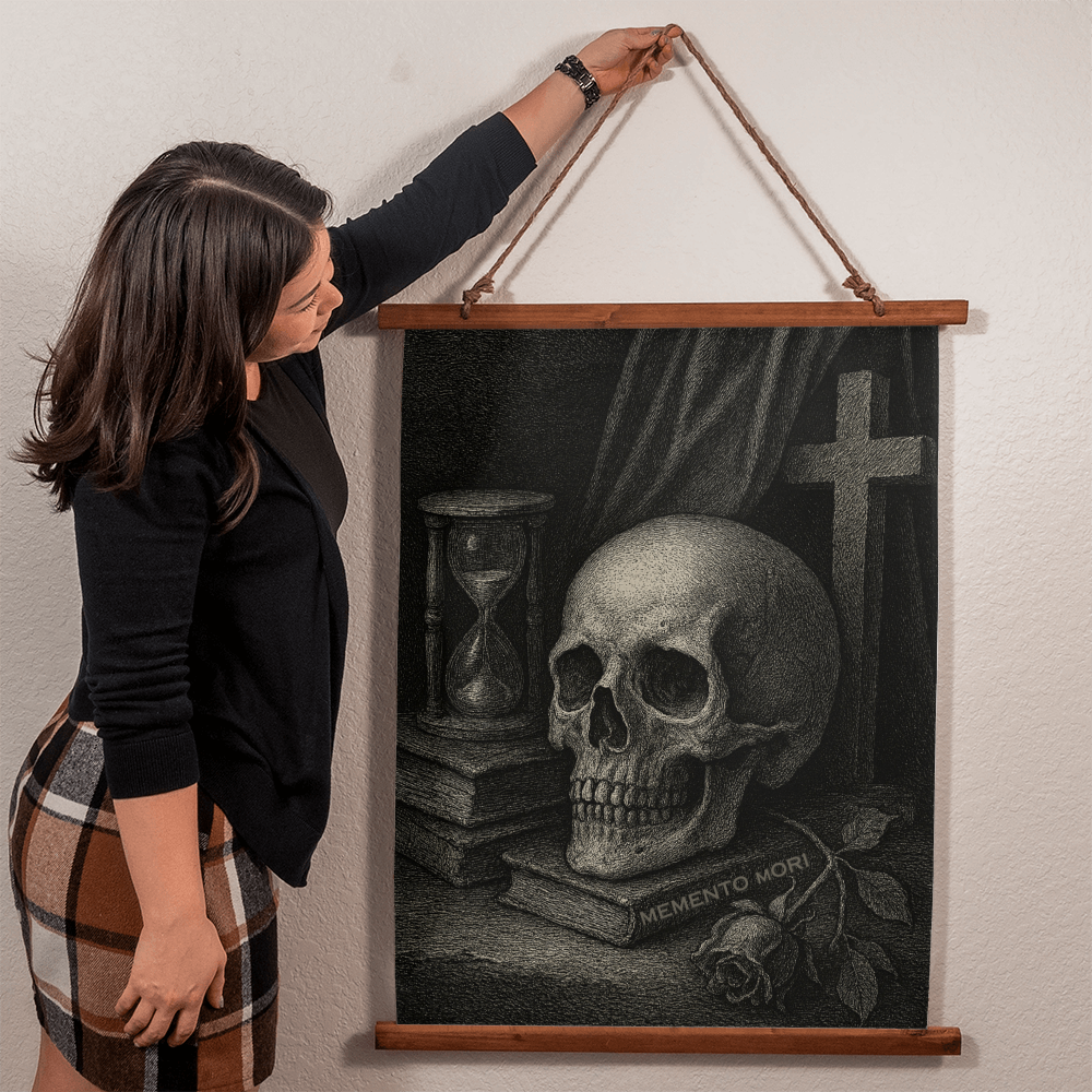Wood-framed Memento Mori tapestry in Gustave Doré-style, hanging on wall with twine.