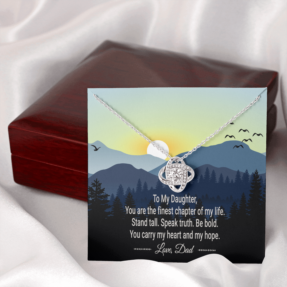 Message card with the quote "To my Daughter, You are the finest chapter of my life. Stand tall. Speak truth. Be bold. You carry my heart and my hope. — Love, Dad" against a mountain at dawn backdrop.