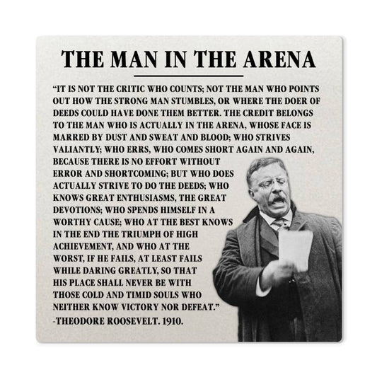 Close-up of 'Man in the Arena' quote on metal wall art