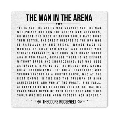 Close-up of 'Man in the Arena' quote on metal wall art