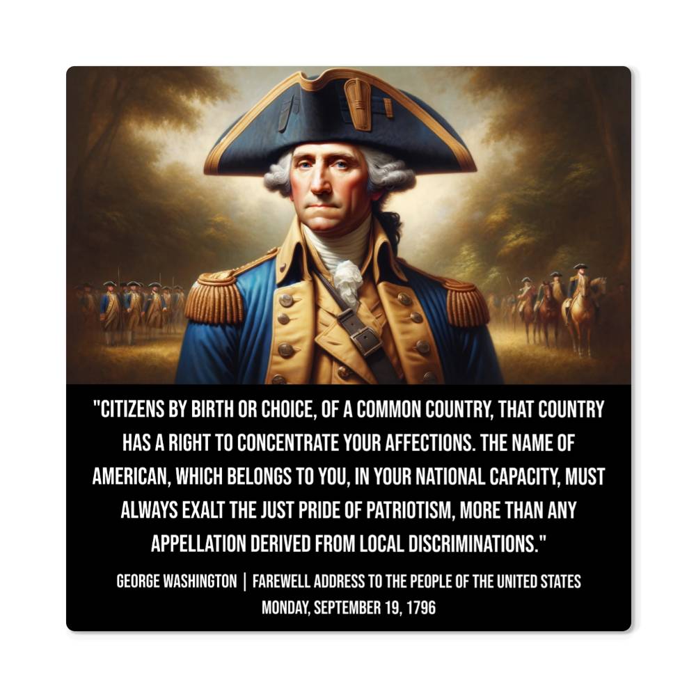Close-up of George Washington metal art print with inspirational patriotism quote on glossy aluminum surface.