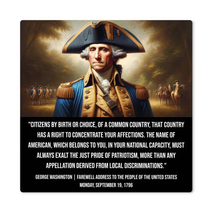 Close-up of George Washington metal art print with inspirational patriotism quote on glossy aluminum surface.