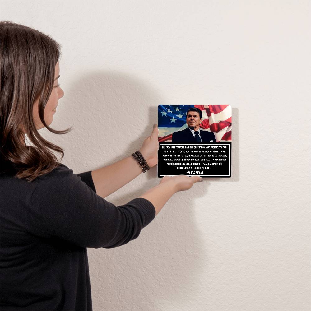 Patriotic Reagan Legacy metal art with recessed wooden frame