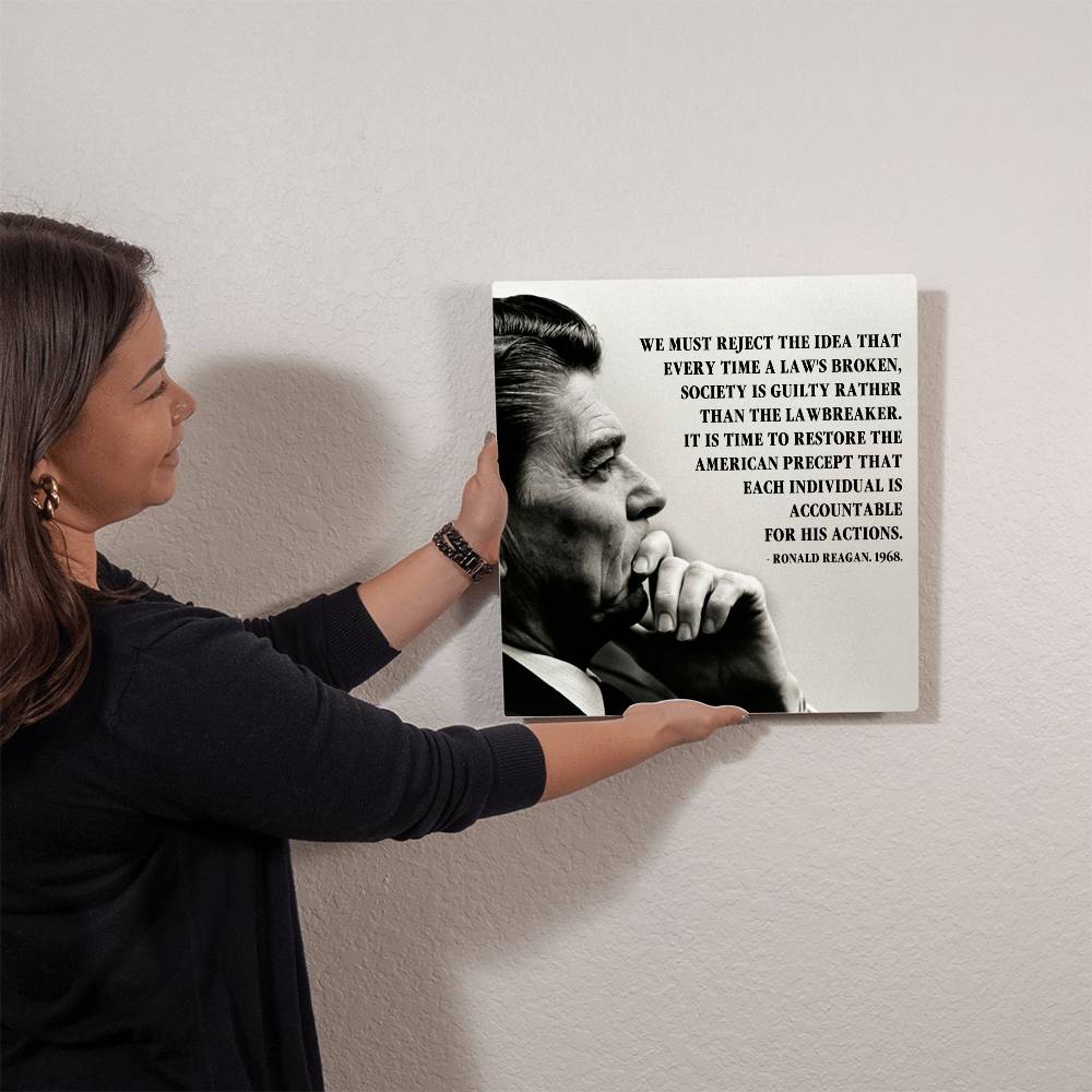 High-gloss premium aluminum Ronald Reagan portrait metal art print.