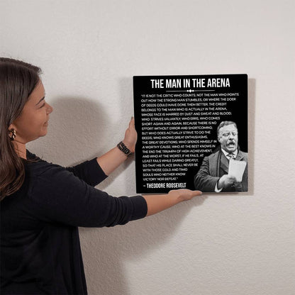 Detailed view of Teddy Roosevelt “Man in the Arena” engraved metal sign