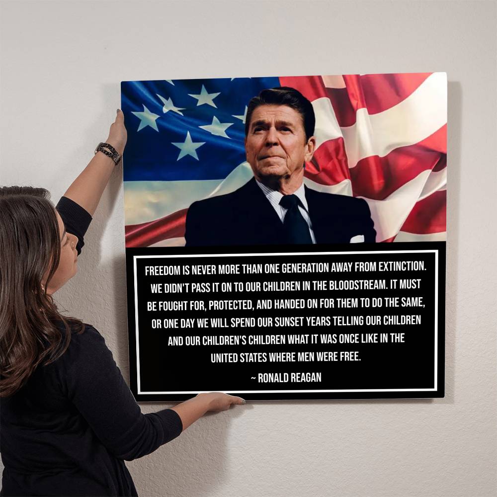 Close-up view of Reagan Legacy metal art with high-gloss finish