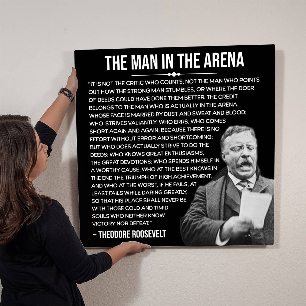 Teddy Roosevelt quote metal art displayed on a modern office wall