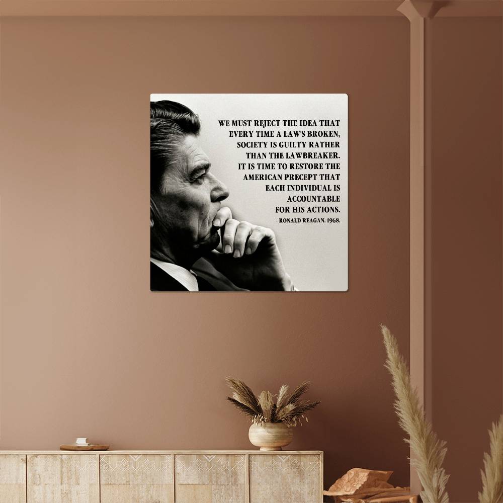 High-gloss premium aluminum Ronald Reagan portrait metal art print.