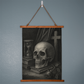 Memento Mori wall art displayed above a console table, blending into dark vintage decor setting.