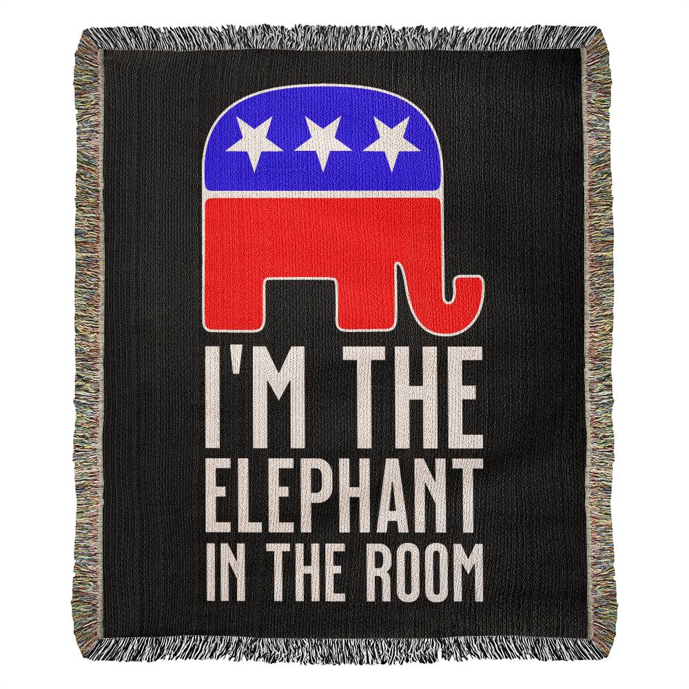 LIMITED EDITION. 50% OFF TODAY. 100% Cotton yarn and fringe. 60" x 50". Republican "I'm The Elephant In The Room.
