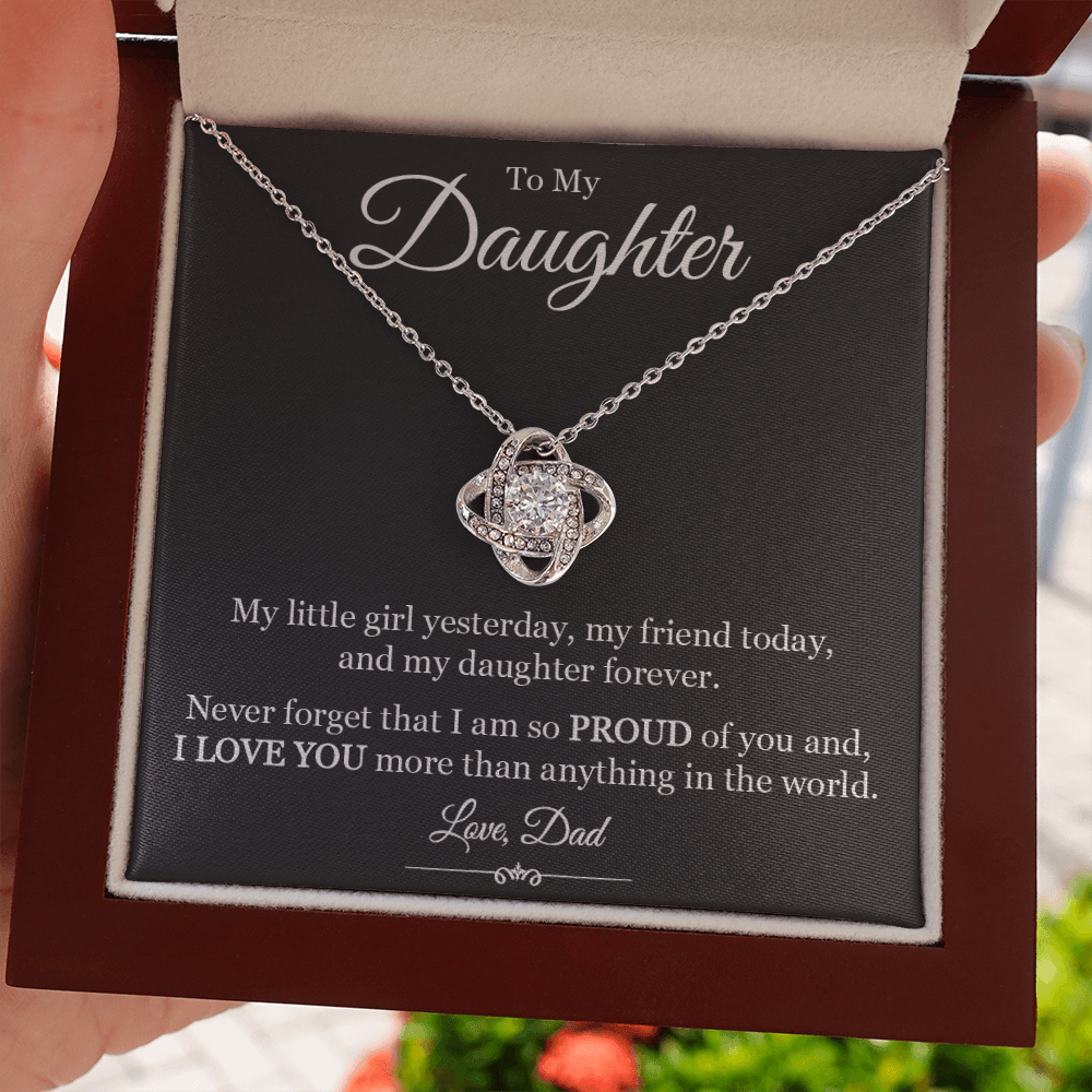 Proud Dad Gift for Daughter - 50% Off Limited Time Offer Mahogany Style Luxury Box option with LED for Love Knot Necklace