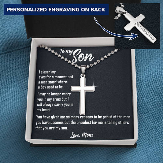 Cross with a heartfelt message card for son from mom.
