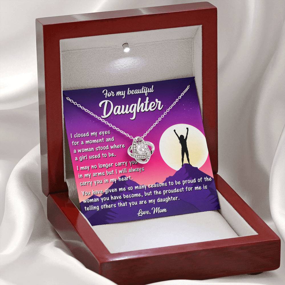 Love Knot Necklace shown in premium packaging, ready to be gifted to a special daughter.