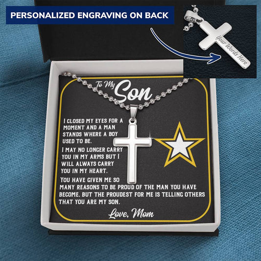Personalized cross necklace with 'To My Son' message card from Mom